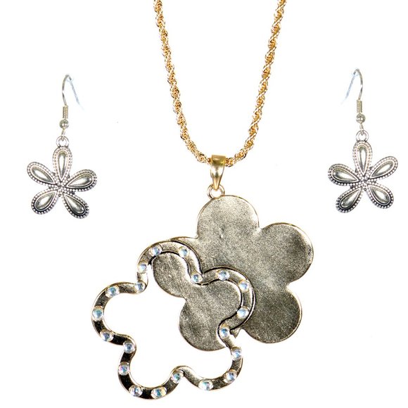 Lucky You 2Pc Clover Sterling Silver Pendant Chain Necklace Atq. Gold - Picture 1 of 6